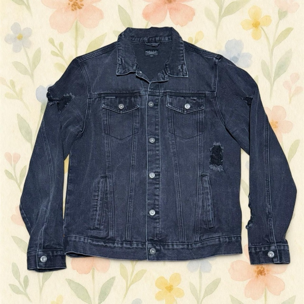 Request Premium Distressed Black Denim Jacket L Grunge Y2K Punk Cotton